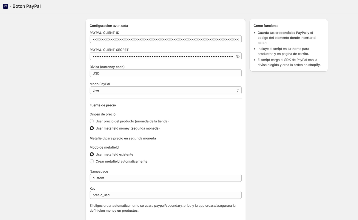Selector de Moneda PayPal Bridge